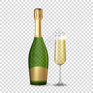 逼真的 3D 香槟贪婪和金瓶和玻璃图标隔离在透明背景上 矢量图 Eps1图片