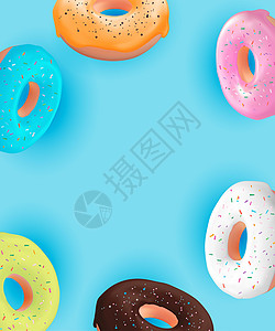 逼真的 3d 甜美可口的甜甜圈背景 可用于甜点菜单海报卡 矢量图 Eps1浇头戒指蛋糕产品小雨食物广告营销元素冰镇图片