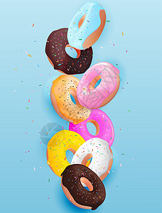 逼真的 3d 甜美可口的甜甜圈背景 可用于甜点菜单海报卡 矢量图 Eps1冰镇设计巧克力咖啡店元素插图糕点蛋糕味道小吃图片