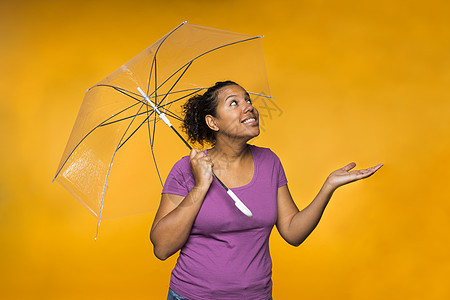 带着雨雨检查伞的年轻有吸引力的混合种族女性 身穿紫色衬衫和黄色背景下雨图片