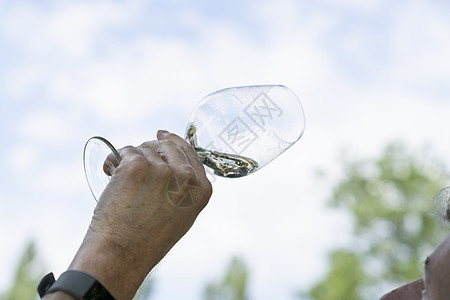 男性在户外饮酒时手握着一杯白葡萄酒花园鼻子玻璃用餐器皿商业味道干杯服务酿酒图片