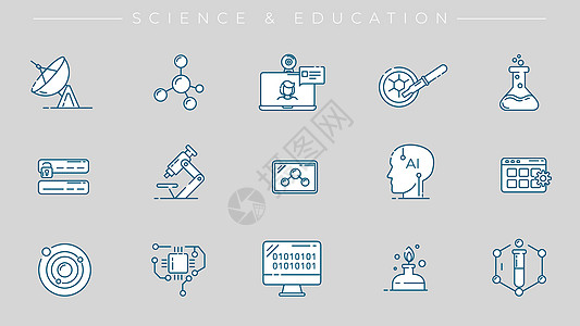 科学和教育概念线条风格矢量图标集器皿望远镜滴管化学图表管子代码视频密码玻璃图片