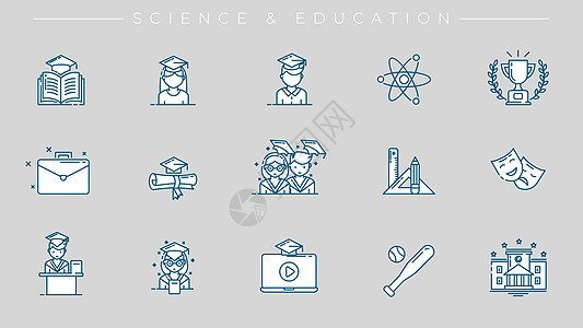 科学和教育概念线条风格矢量图标集桌子面具剧院电脑杯子女孩机构蝙蝠知识花圈图片