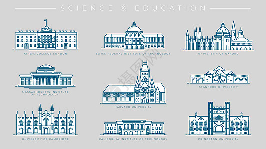 科学和教育概念线条风格矢量图标集精英技术国王人文本科学习建筑学校学生大学图片