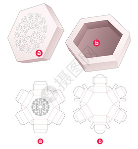 六角形托盘盒和带钢印曼陀罗模切模板的盖子图片