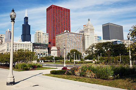 芝加哥多姿多彩的清晨城市生活市中心风光水平城市都市公园摩天大楼景观天际图片