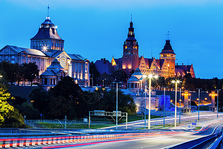 沿奥德河的Szczecin建筑城市地标景观市中心街道蓝色旅行历史性天际建筑学图片