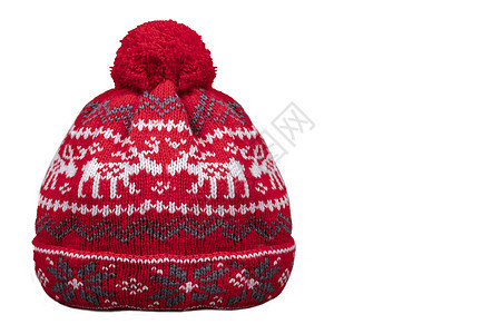 红色的冬季编织帽 有白色背景的图案图片