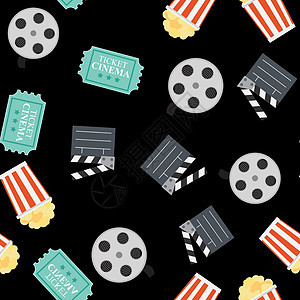 电影院无缝模式 惠特上的矢量图爆米花电影绘画涂鸦眼镜食物视频白色蓝色小吃图片