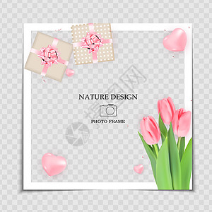 自然背景相框模板与春天郁金香花和礼品盒在社交网络中发布 矢量图 Eps1图片