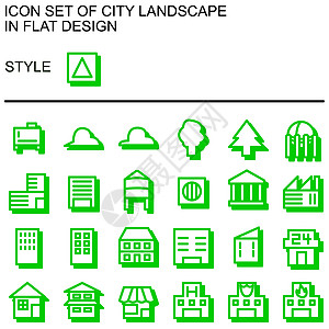 城市景观图标设置在平面设计中 带有绿色线条白色填充绿色的阴影图片