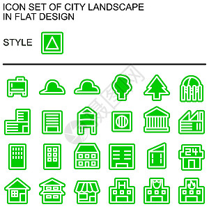 平面设计中的城市景观图标集 带有白线绿色填充绿色轮廓阴影图片