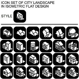城市景观图标设置在等距平面设计中 黑色线条白色阴影在黑色线条和黑色填充背景的圆形正方形上的白色阴影形状图片