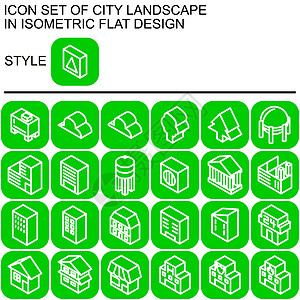 在等距平面设计中设置的城市景观图标 在绿线和绿色填充背景的圆形正方形上填充白线绿色图片