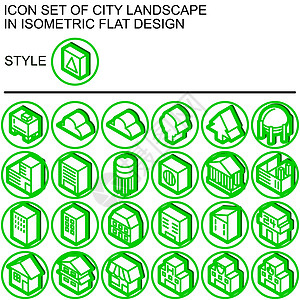 城市景观图标设置在等距平面设计中 绿线白色填充绿色轮廓在一圈绿线和白色填充背景上放置阴影线圆银行插图住宅办公室消防局建筑医院水塔图片