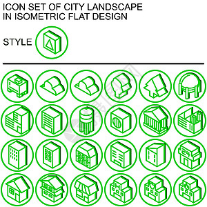 城市景观图标设置在等距平面设计中 绿线白色填充在一圈绿线和白色填充背景上投下阴影图片