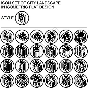 城市景观图标设置在等距平面设计中 白色线条黑色填充黑色轮廓在黑色线条和白色填充背景的圆圈上图片
