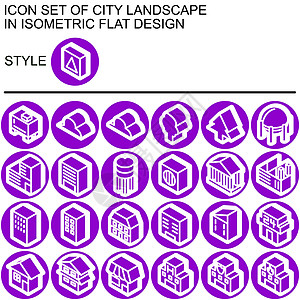 城市景观图标设置在等距平面设计中 白色线条紫色填充白色轮廓在紫色线条和紫色填充背景的圆圈上的白色阴影图片
