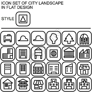 城市景观图标设置为平面设计 黑色线条白色填充在黑色线条和白色填充背景的圆形正方形上图片