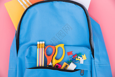 教育儿童的蓝包包背包统治者口袋学习孩子们铅笔补给品生活笔记本蓝色涂鸦者图片