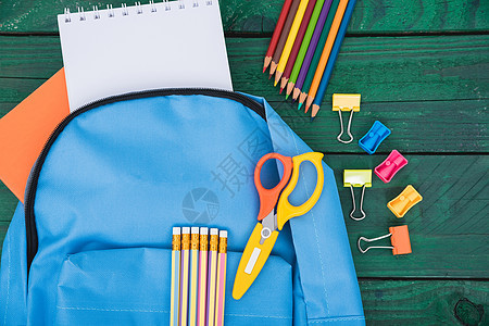 教育儿童的蓝包包背包Blue袋背包铅笔作品统治者家庭作业配件纺织品涂鸦者大学笔记本口袋图片