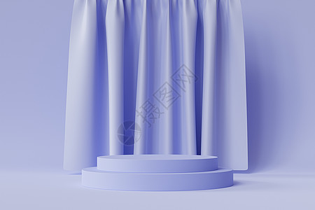 圆柱形讲台或基座 用于产品或在中性蓝色背景上做广告 带有窗帘最小 3d 插图 rende背景图片