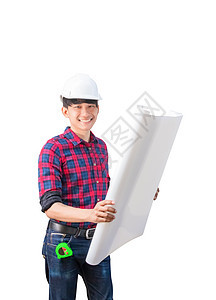 工程师拿着滚动的蓝图检查施工并戴上白色安全头盔塑料 在白色背景上隔离先锋工程商业建筑男性商务构造人士工人机械图片