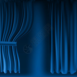 逼真的彩色蓝色天鹅绒窗帘折叠起来 在家里的电影院选择幕布 它制作图案矢量纺织品艺术音乐会推介会歌剧电影剧院织物布料装饰图片