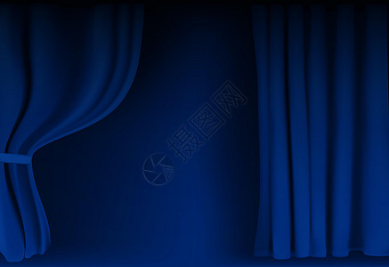 逼真的彩色蓝色天鹅绒窗帘折叠起来 在家里的电影院选择幕布 它制作图案矢量推介会奢华织物丝绸歌剧展示艺术音乐会娱乐装饰图片