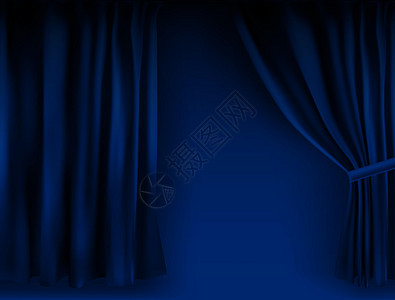 逼真的彩色蓝色天鹅绒窗帘折叠起来 在家里的电影院选择幕布 它制作图案矢量展示电影音乐会纺织品丝绸风格布料织物推介会装饰图片