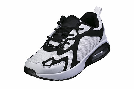 白色运动鞋 白色背景上带有黑色点缀 运动鞋影棚健康活动帆布鞋橡皮男士跑步运动行动帆布图片