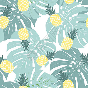 热带水果菠萝和棕榈叶无缝图案背景设计 它制作图案矢量异国植物打印金子叶子插图卡通片饮食食物甜点图片