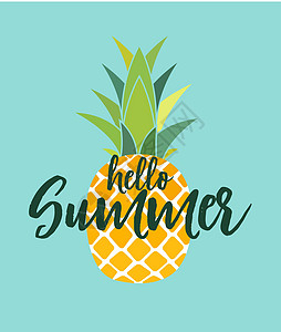 你好夏天概念 热带水果菠萝图标符号设计 它制作图案矢量金子食物打印插图叶子异国卡通片植物凤梨饮食图片