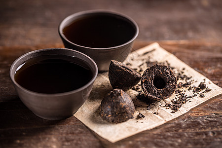 普埃茶黑色乡村茶叶发酵文化陶器茶碗静物饮料杯子图片