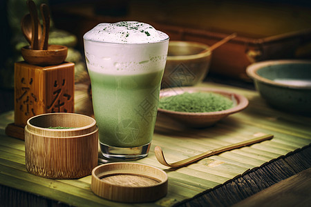 Matcha 绿色茶拿铁玻璃饮料杯子粉末泡沫状泡沫牛奶勺子桌子美食图片