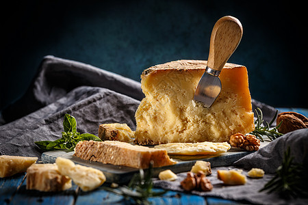 帕美干酪奶酪成分美食蓝色静物作品小吃奶制品木头木板食物图片