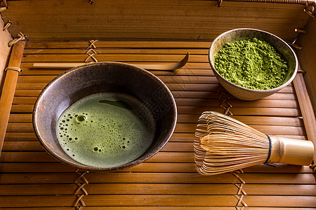 绿色相配茶竹子托盘饮料仪式静物粉末勺子图片