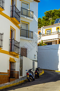 美丽 图片化的街道 狭窄的道路 白色建筑物外墙 西班牙建筑历史路面地标景观人行道建筑学中心行人棕榈旅游图片