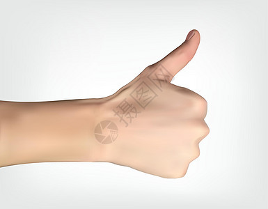 手的逼真 3D 轮廓与凸起的拇指指示一切都很好 它制作图案矢量网络卡通片插图白色社会手指手势拳头商业图片
