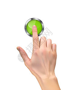 逼真的 3D 手剪影 手指在白色背景上按下绿色开始按钮 它制作图案矢量拇指力量手势技术行动展示屏幕光标红色控制图片