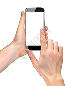 现实的手拿着手机隔离在白色背景 它制作图案矢量小样空白商业电子小路手指黑色女性互联网细胞图片