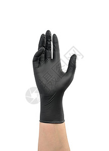 戴着黑色乳胶手套的女性手举了起来 孤立在白色背景上的身体部位图片