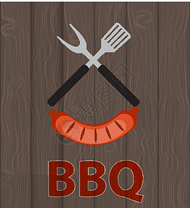 烧烤图标与烧烤工具和木制背景上的香肠 它制作图案矢量插图用具金属刀具食物餐具烹饪白色厨房炙烤图片