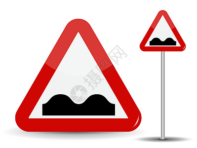道路标志警告不平坦的道路 在带有凹坑的不良覆盖物的红色三角形图像中 矢量插图图片