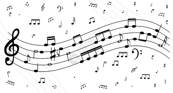 一组没有特征的五行时钟符号的音符 高音谱号 矢量插图白色钥匙颤声低音笔记黑色艺术旋律床单图片