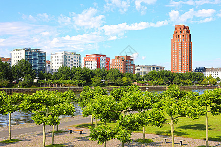 德国美因河畔法兰克福绿色公园和城市风景地标全景街道旅游天际摩天大楼银行景观建筑物中心图片