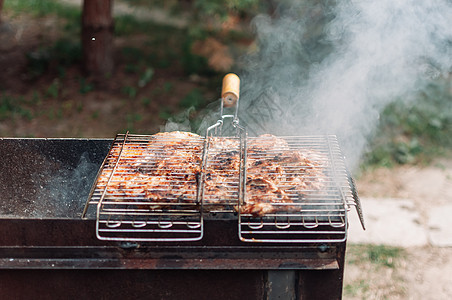 在烤架上的烤盘上用酱汁和香料烹制腌制的鸡大腿 多汁的肉块被木炭冒出的烟雾腌制 在明火上炸鸡串 营火烹饪季节图片