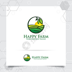具有叶子图标和种植园土地矢量概念的农业标志设计 用于农业系统农民和种植园产品的绿色自然标志小麦生活花园植物场地食物车轮农场种子技图片