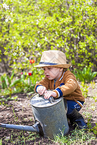 戴着帽子和橡胶靴的可爱蹒跚学步的小男孩正在花园里用喷壶给植物浇水 一个迷人的小孩帮助他的父母种菜园丁收成花朵关爱靴子童年男生园艺图片