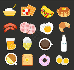 现代平面样式矢量它制作图案中的早餐图标集麦片羊角谷物咖啡香肠橙汁牛奶煎饼食物插图图片